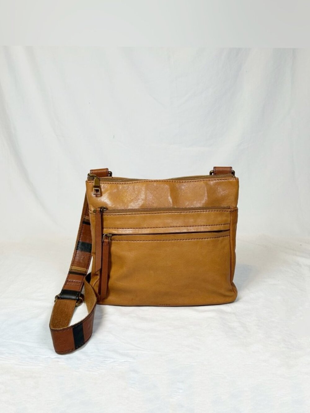 Fossil Tan Leather Corey Striped Adjustable Strap Cross Body Messenger Bag
